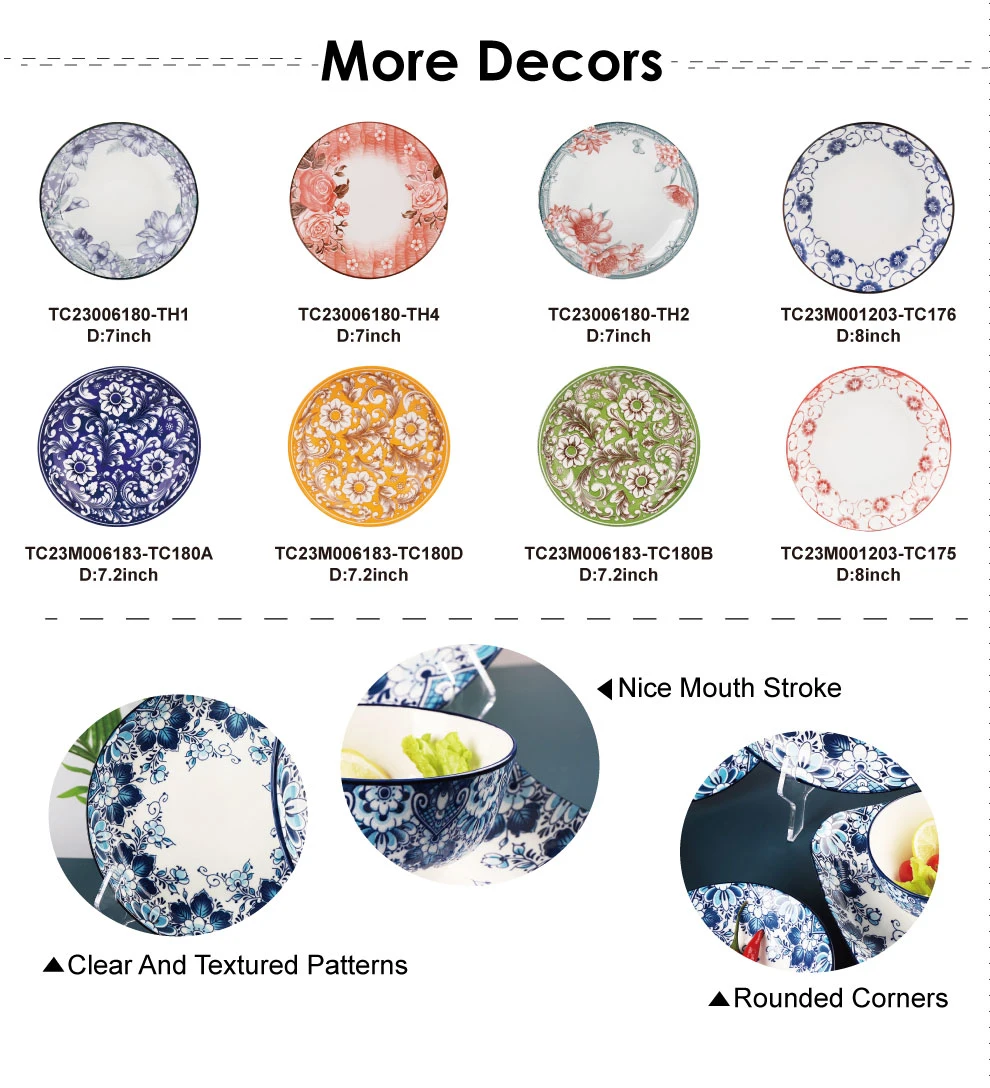 High Quality Ceramic Plates with Flower Decal Designs Dinner Sets Porcrlain Dished for Home